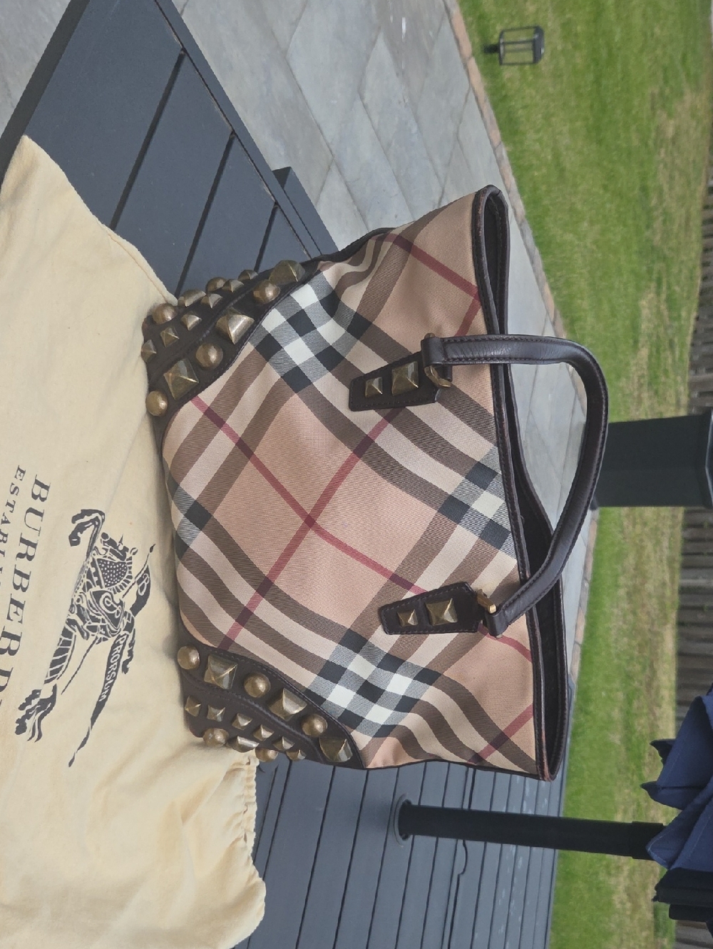 Burberry Beige Plaid Tote with Black Leather Handles and Gold Studs - Picture 2 of 13